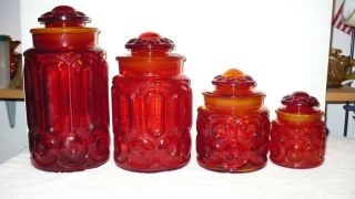 Vintage Set Of 4 Red,  Glass Canisters Moon & Stars L E Smith With Lids Vnc