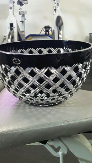 Ajka Hungary Black Onyx Cased Glass Cut To Clear Crystal Bowl 10 " Huge
