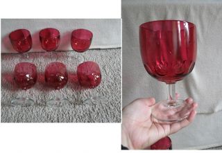 Vtg 1960s Bartlett Collins Cranberry Ruby Red Thumbprint Goblets Set Of 6