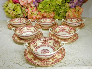 6 Royal Worcester Porcelain Cream Soup Cups & Saucers Scrolls Roses Gold