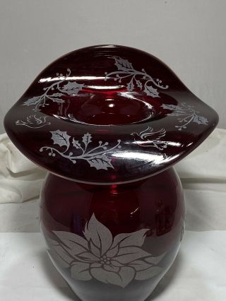 Blenko Glass Ruby Jack In The Pulpit Vase With Holly And Poinsettia
