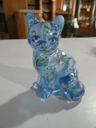 Lovely Fenton Blue Aqua Hand Painted Art Glass Cat K Brightbill