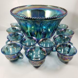 Indiana Glass Iridescent Blue Harvest Grape Carnival Glass Punch Bowl Set 11 Cup