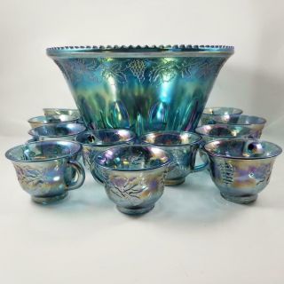 Indiana Glass Iridescent Blue Harvest Grape Carnival Glass Punch Bowl Set 11 Cup 2