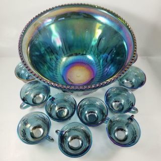Indiana Glass Iridescent Blue Harvest Grape Carnival Glass Punch Bowl Set 11 Cup 3
