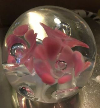 Vintage Art Glass Joe St Clair Pink Clear Paperweight Floral