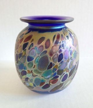 Rick Hunter Iridescent Oil Spot Blue Glass Vase Peacock Hues Signed Dated 1990s