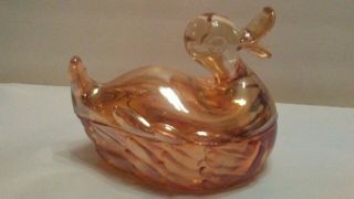 Jeannette Mama Quack Duck Marigold Carnival Glass Covered Candy Dish