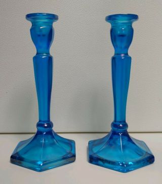 Northwood Celeste Blue Iridescent 8½ " Carnival Glass Candle Holders