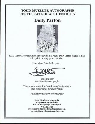 Dolly Parton Signed Autographed 8x10 inch Photo Certificate of Authenticity 2
