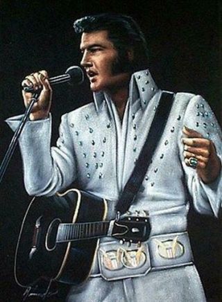 Hand Painted 24 " X18 " Velvet Elvis Presley White Jump Suit W/guitar Painting