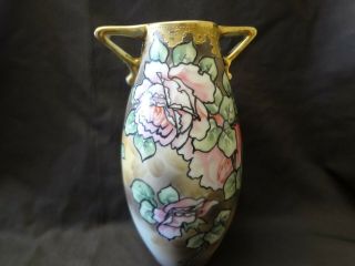 Nippon Moriage Porcelain Vase Painted Pink Roses Heavy Gold Trim Beading