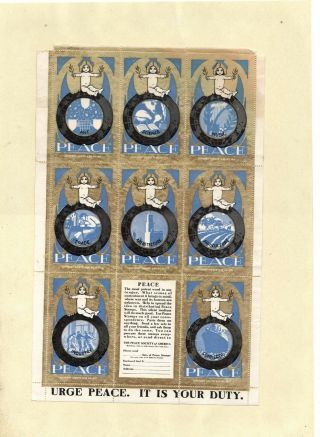 Usa 1914 First World War Peace Society Of America Anti - War Sheets (4x8 Labels)