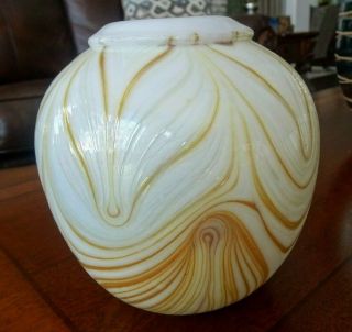 1975 Signed Audrey Handler Studio Art Glass Pulled Feather Vase White