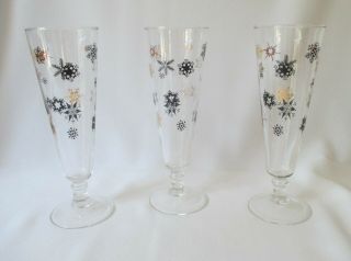 3 Vtg Mid - Century Pilsner / Beer Glasses W/unique Black & Gold Snowflake Pattern