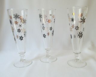 3 Vtg Mid - Century Pilsner / Beer Glasses w/Unique Black & Gold Snowflake Pattern 2