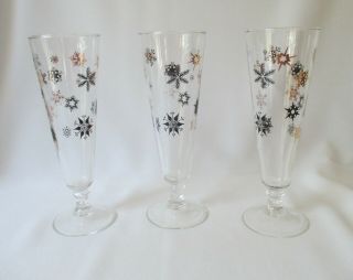 3 Vtg Mid - Century Pilsner / Beer Glasses w/Unique Black & Gold Snowflake Pattern 3