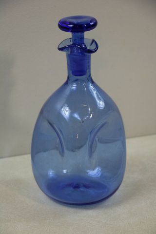 Vintage Mid Century Modern Blenko Blue Art Glass Pinch Bottle Decanter