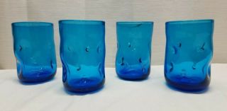 Vintage Mid Century Modern Blenko Blue Art Glass Pinch Tumbler Cocktail Glasses