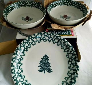 Vintage Christmas Tienshan Folk Craft Holiday Pines Stoneware Completer Set Of 3