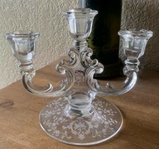 Vintage Fostoria Elegant Glass Navarre Pattern 3 Light Candle Holder