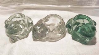 3 Vintage Indiana Glass Crystal Candle Holders Green & Clear Frog Sleeping Cat