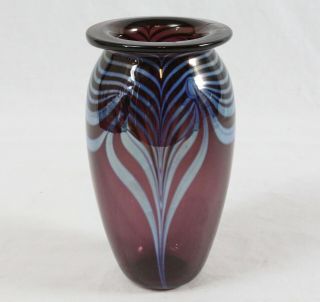 Robert Eickholt 6” Signed Studio Art Glass Vase Iridescent Pulled Feather Purple