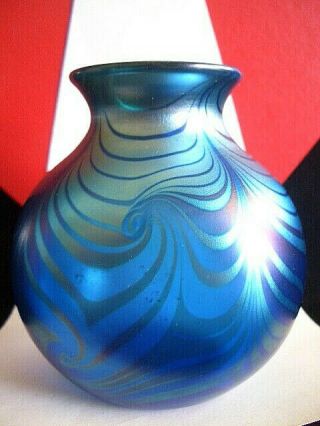 Okra Exquisite Silver Irridescence Sapphire,  Azure Feathered Heart Vase - Signed