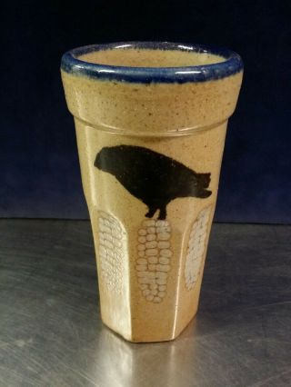 Monroe Salt Pottery Crow & Corn Stoneware Vase,  6 - 1/4 " Tall,  Blue Rim