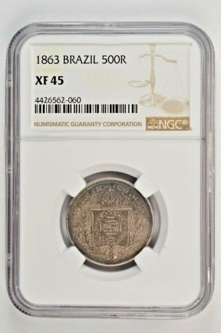 1863 Brazil 500 Reis Ngc Xf45 Starts At.  99 Cents