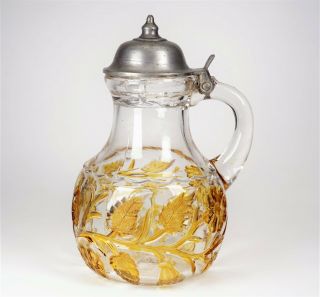 Antique Hobbs Brockunier Yellow Stained On Clear Glass Syrup Pitcher