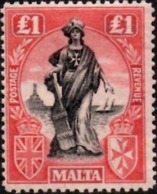 Malta 1922 George V £1 Black & Carmine - Red Sg.  139 (lightly Hinged)