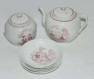 Vtg Antique Childs Porcelain Tea Set Teapot Sugar Bowl 5 Plates All Different