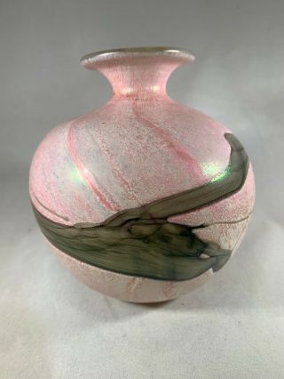 Vintage Mdina Art Glass Vase,  Iridescent Pink With Silver/grey Marbling 13cm Tall