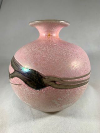 Vintage MDINA Art Glass Vase,  Iridescent Pink with silver/grey marbling 13cm tall 3