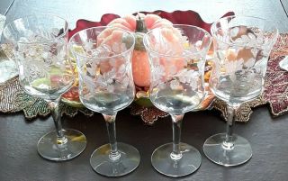 4 Central Glass Crystal Wine Glasses Acorn & Leaf Pattern Vintage