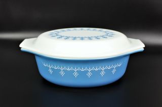 Pyrex Vintage Snowflake Blue Garland 1 1/2 Qt Oval 043 Casserole Dish White Lid