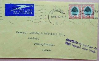 South Africa 1936 Insufficiently Paid For Air Mail Beyond York Cachet Cover