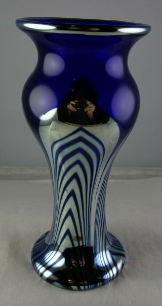 Steven Correia Pulled Feather Studio Art Glass Cobalt & Silver Vase Signed