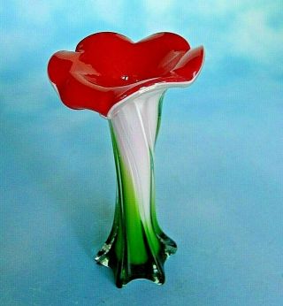 Glass Art Vase Calla Lily Trumpet Flower Green Red Murano Style 8 " Tall
