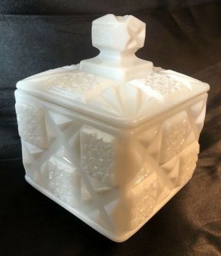 Vintage Westmoreland White Milk Glass Old Quilt Square Nut Candy Dish Box W/lid