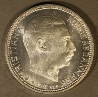 1912 Denmark 2 Kroner Silver Frosty Bu Coin U.  S.