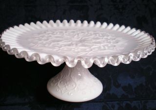 Fenton Milk Glass Spanish Lace With Silver Crest,  Pedestal Cake Plate