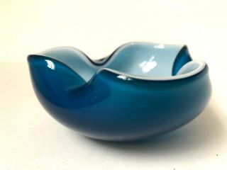 Mid Century Modern Teal Blue Cased Glass Pinch Bowl