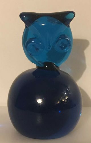 Blenko Glass Owl Paperweight Blue 75c Mid Century Modern