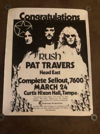 Rush Pat Travers Head East Concert Poster March 24,  1978 Curtis Hixon Tampa Fl