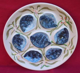 Vintage French Hand Painted Faience Oyster Plate Blue Shell Flowers Niderviller