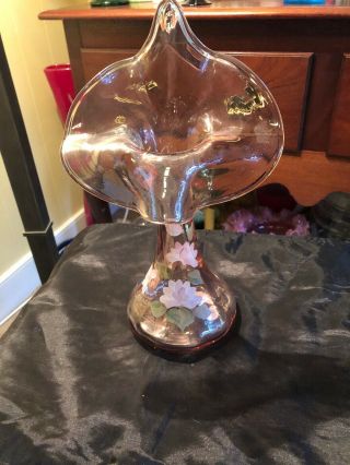 Fenton Glass Floral Jack In The Pulpit Vase Pink Flowers Artist Signed 11”