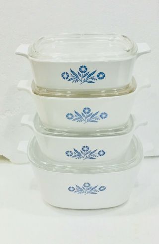 Set Of 4 Vintage Corning Ware Blue Cornflower Covered Casserole W/lids