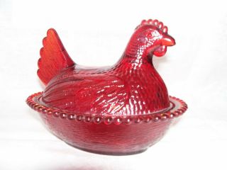 Ruby Red Indiana Glass Hen On Nest - 7 " X 5 1/2 "